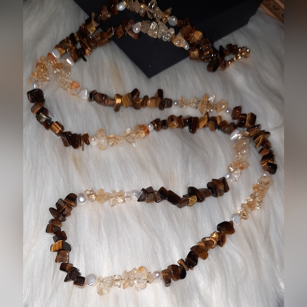 pearl, citrine Tigers eye gemstone nugget Chip necklace EUC goldtone clasp - Picture 6 of 14